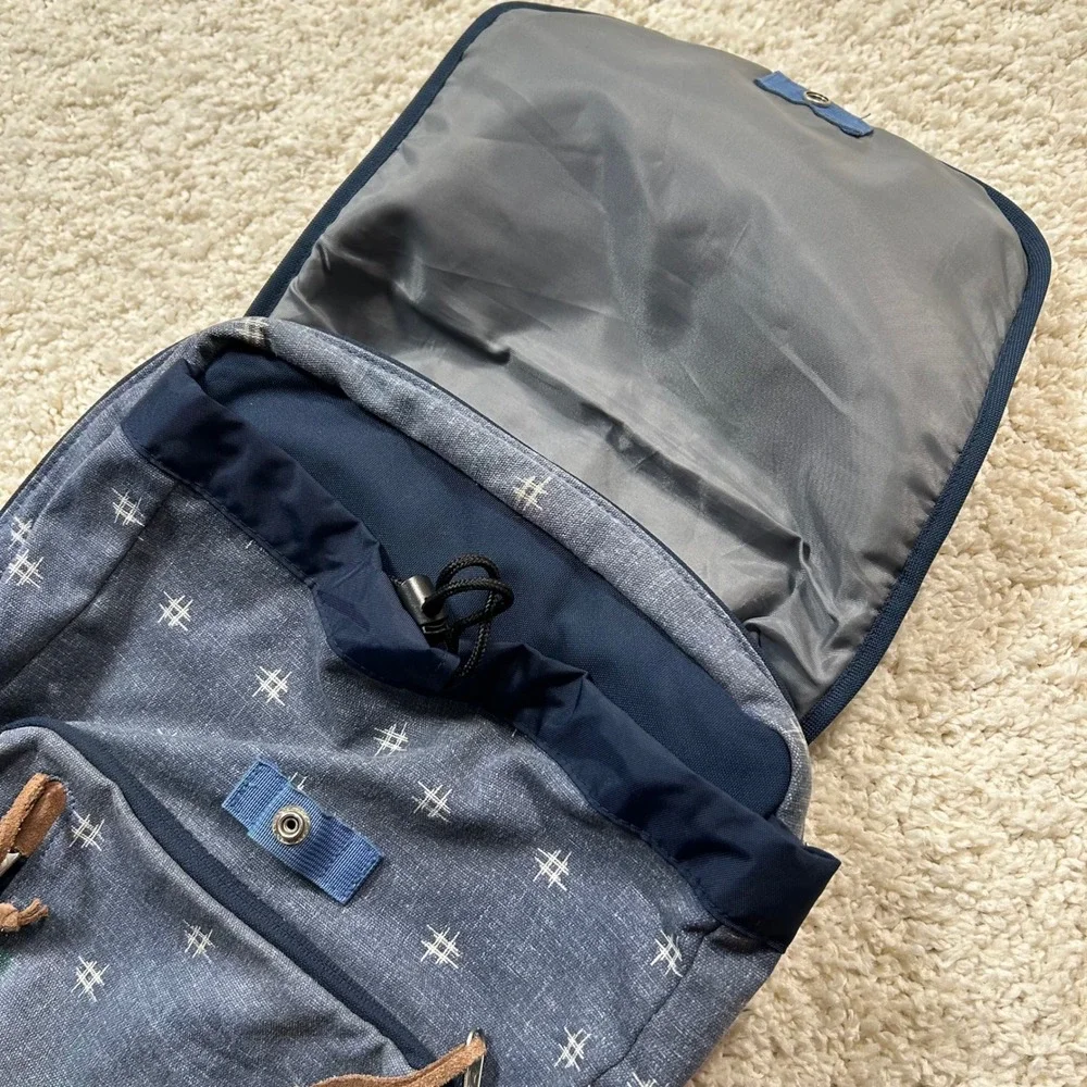 JanSport Hensley Backpack Blue Denim Hashtag Print Leather Bottom JS00T69K